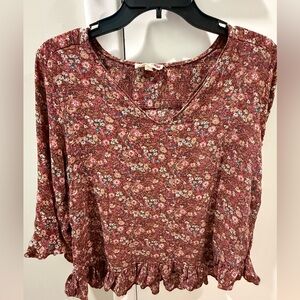 Boho Floral Blouse with Ruffle Hem - Burgundy